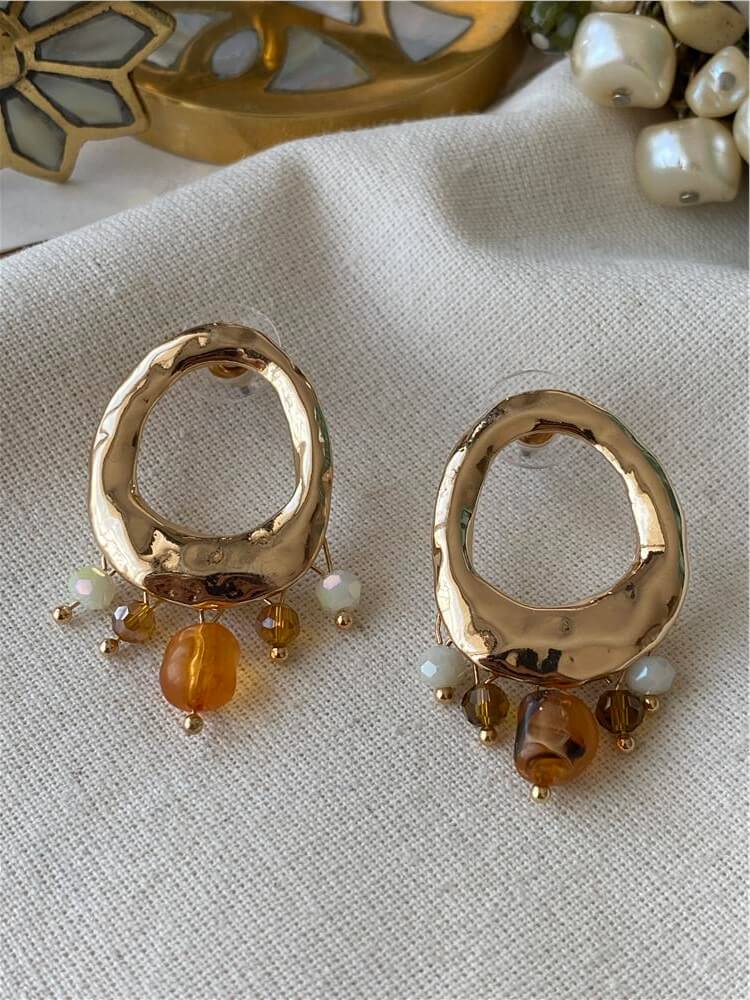Kahverengi Kristal Taş Sallantılı Vintage Küpe