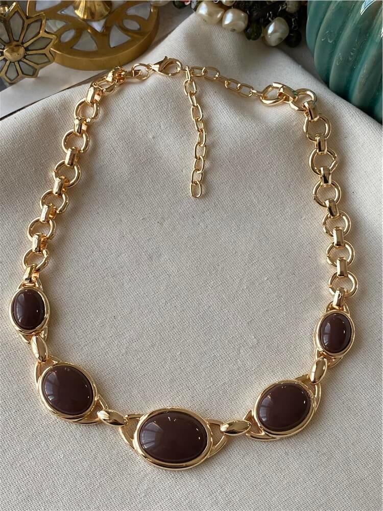 Kahverengi Taşlı Gold Zincir Kolye