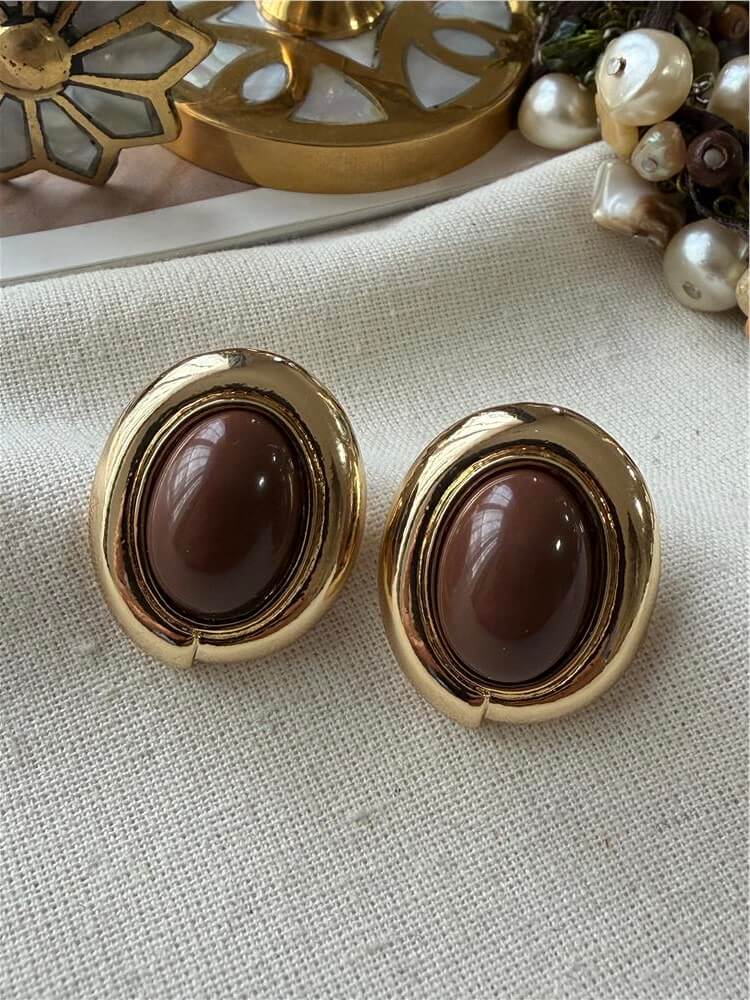 Kahverengi Taşlı Mini Oval Küpe