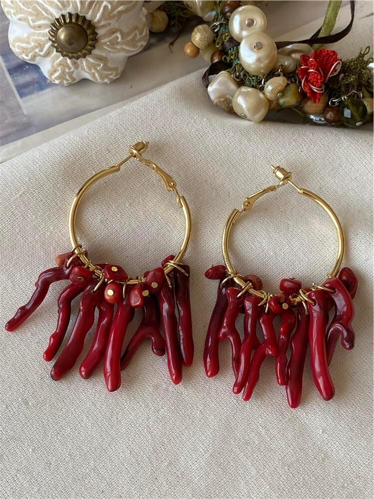 Kırmızı Yosun Sallantılı Halka Küpe