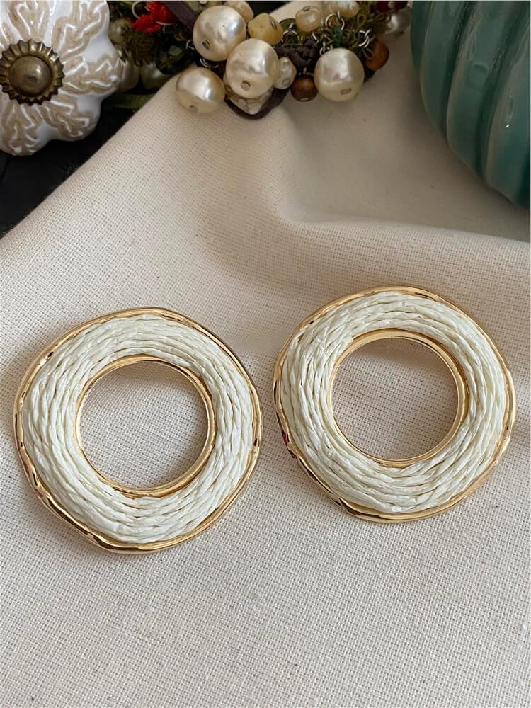 Krem Hasır Ring Küpe