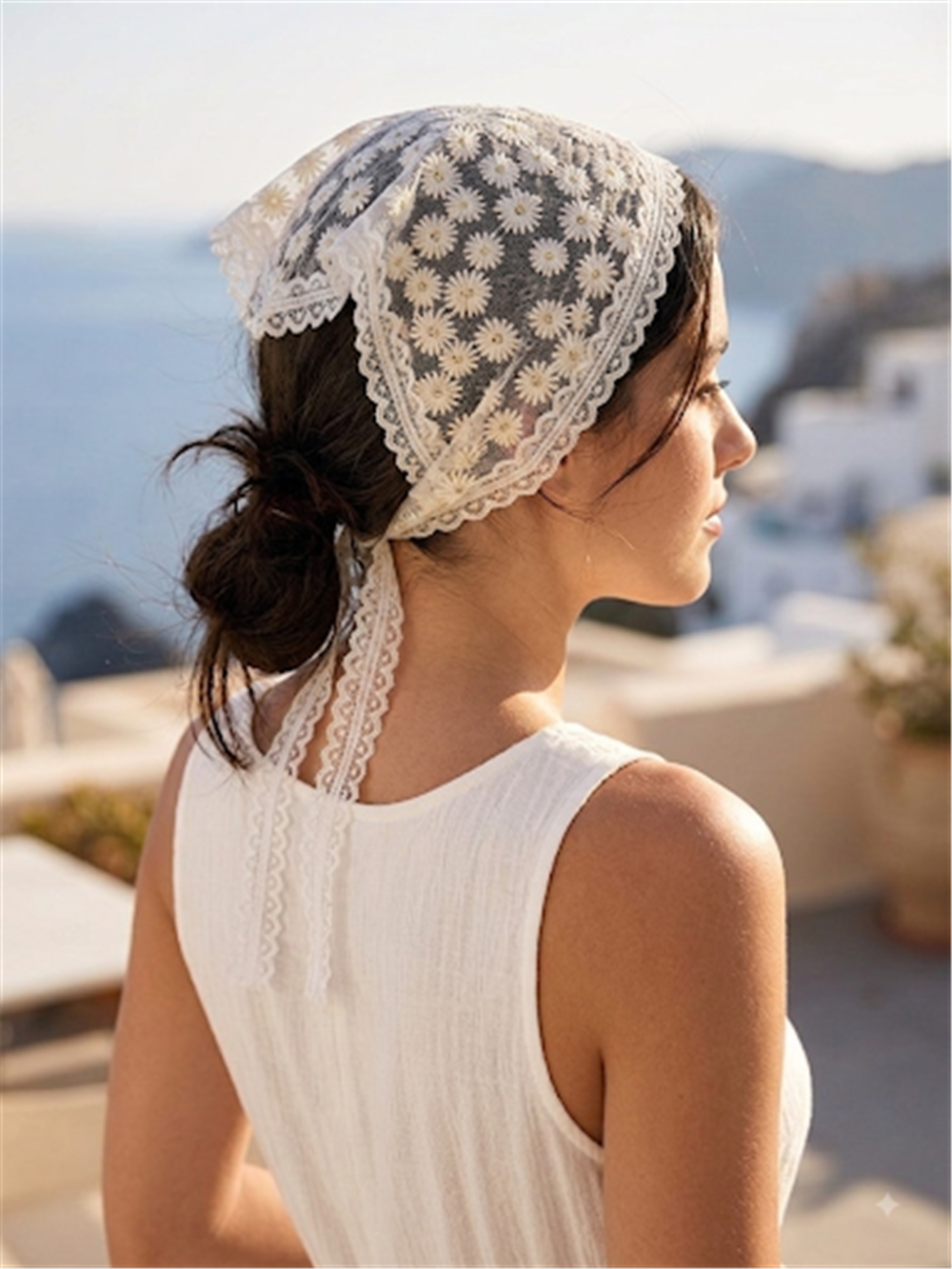 Krem Papatya Desenli Bandana Model Taç