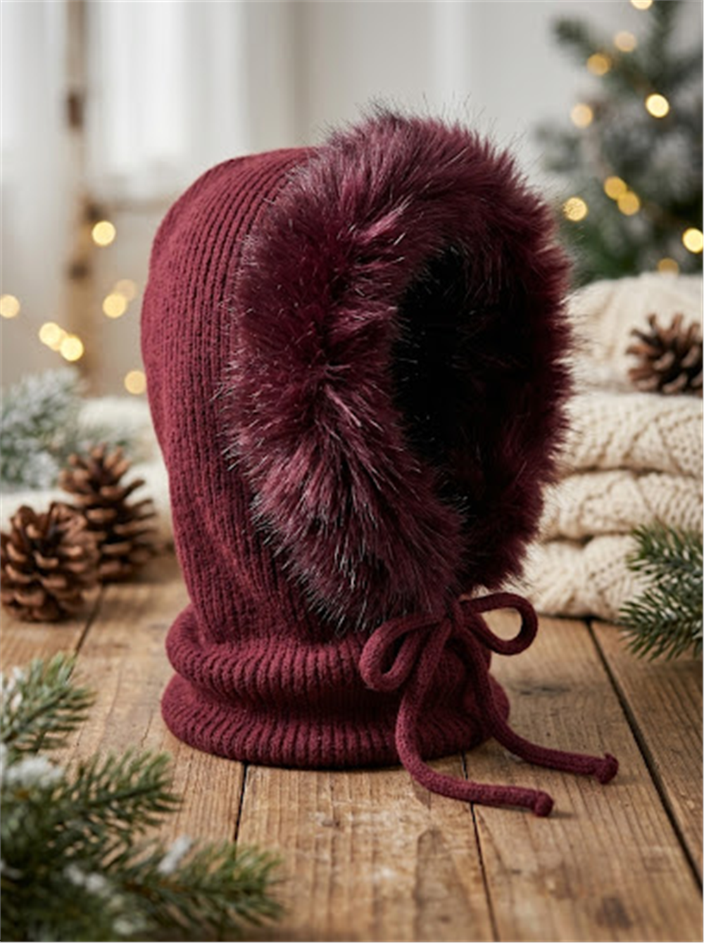 Kürklü Bordo Balaklava Model Bere