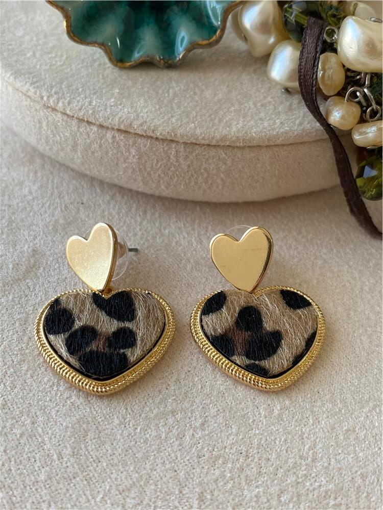 Leopar Desenli Çift Kalp Küpe
