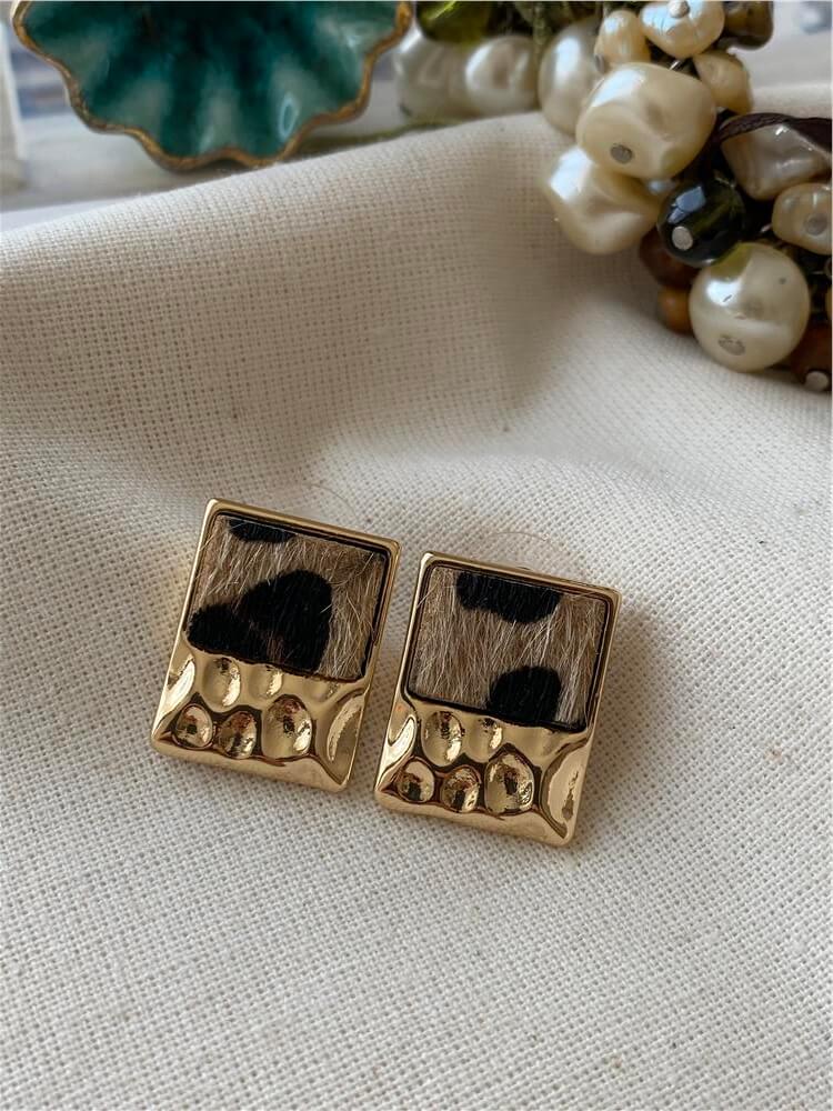 Leopar Desenli Mini Dikdörtgen Küpe