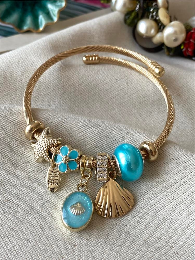 Mavi Deniz Yıldızı Lotus Charmlı Bileklik