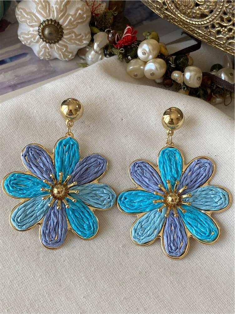 Mavi Hasır Çiçek Küpe