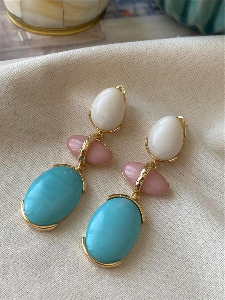 Mavi Taşlı Üçlü Oval Tasarım Küpe