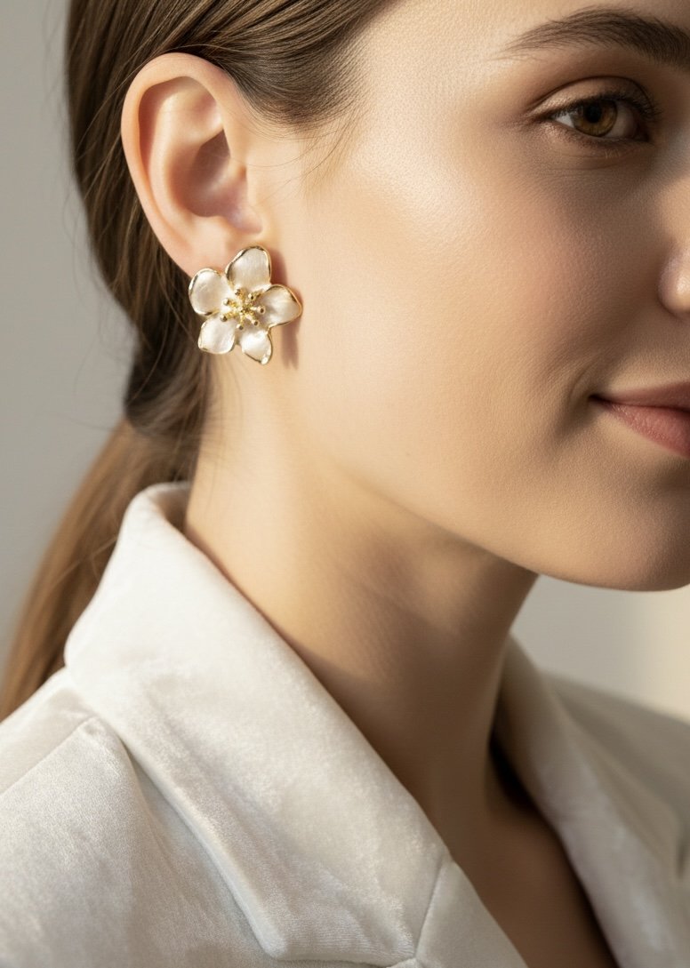 Mineli Gold Çiçek Küpe