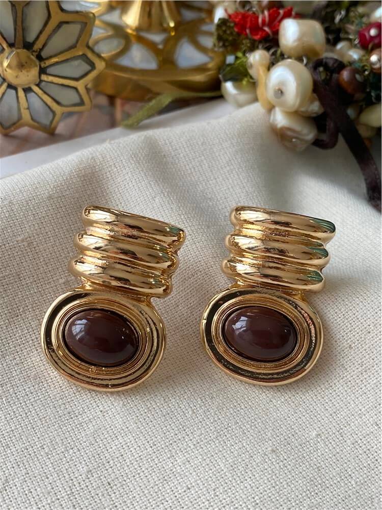Oval Kahverengi Taşlı Vintage Küpe