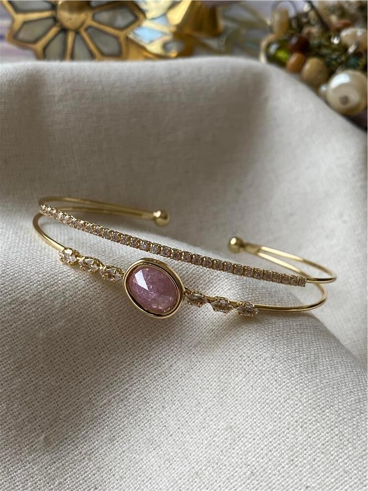 Oval Pembe Taşlı Çift Sıra Açık Kelepçe