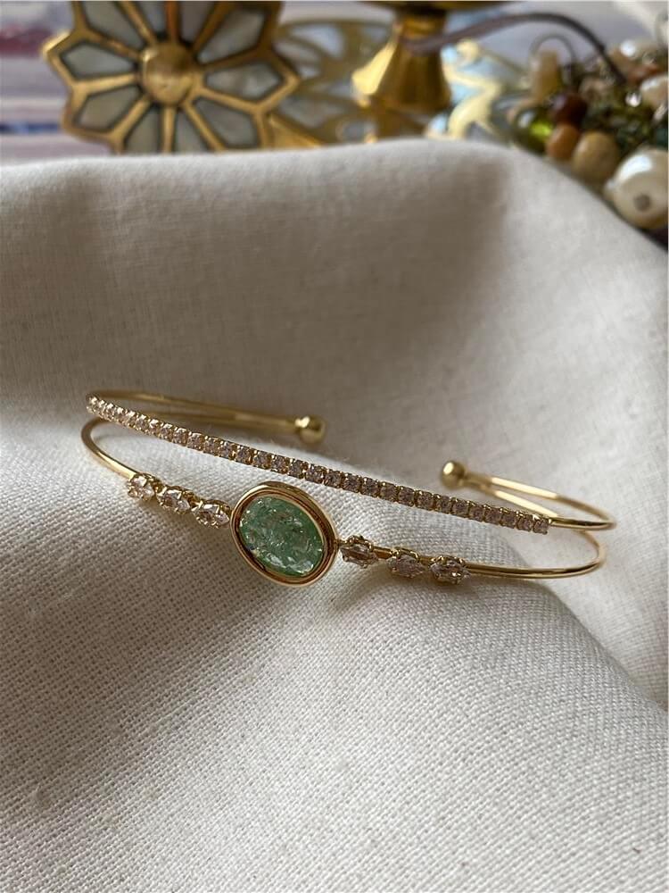 Oval Yeşil Taşlı Çift Sıra Açık Kelepçe