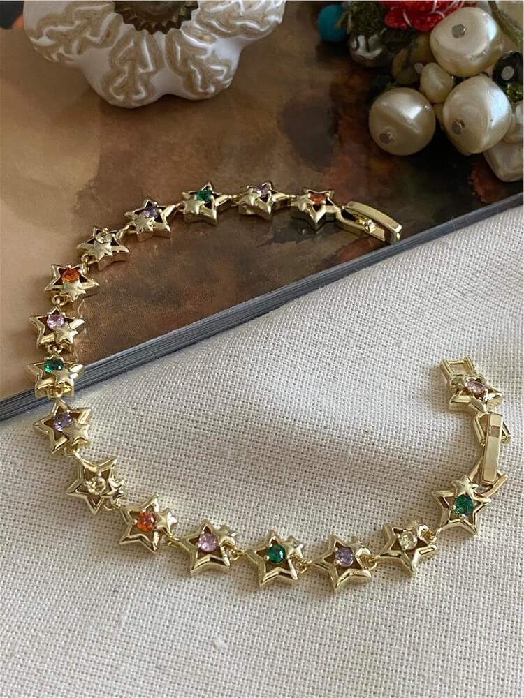 Özel Seri 14K Renkli Taşlı Sıralı Yıldızlar Bileklik