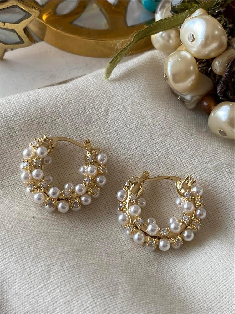 Özel Seri 14K Taşlı İncili Mini Halka Küpe