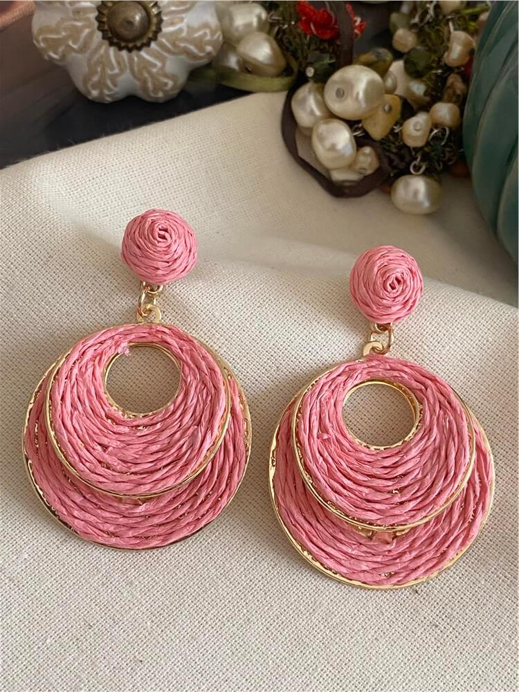 Pembe Hasır Çift Halka Küpe