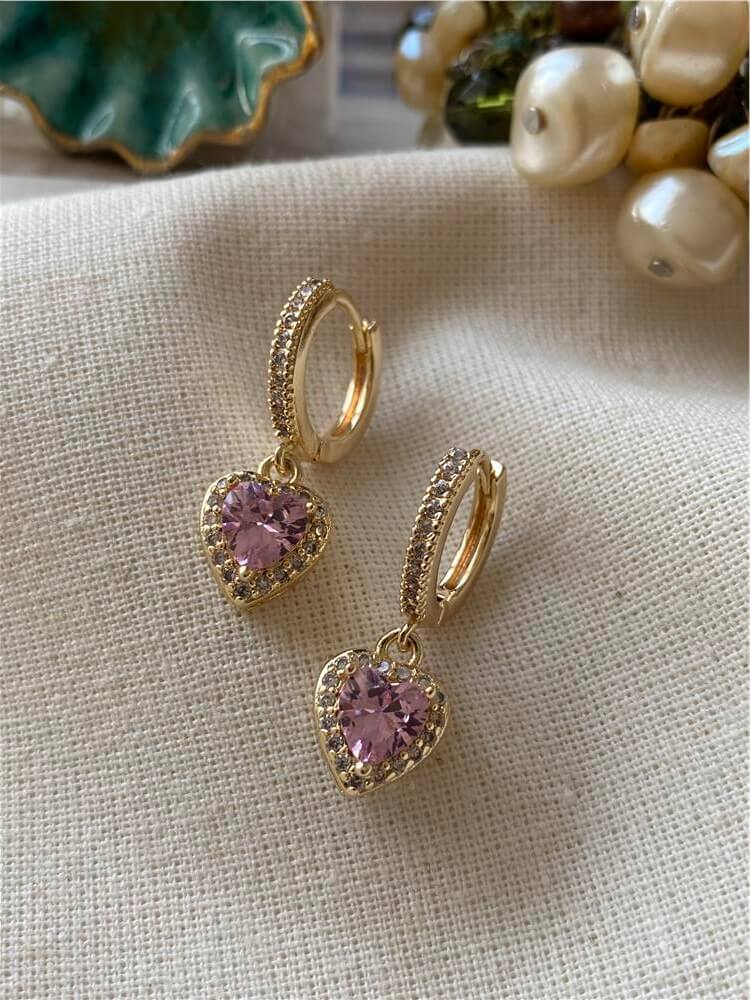 Pembe Kalp Detaylı Gold Halka Küpe
