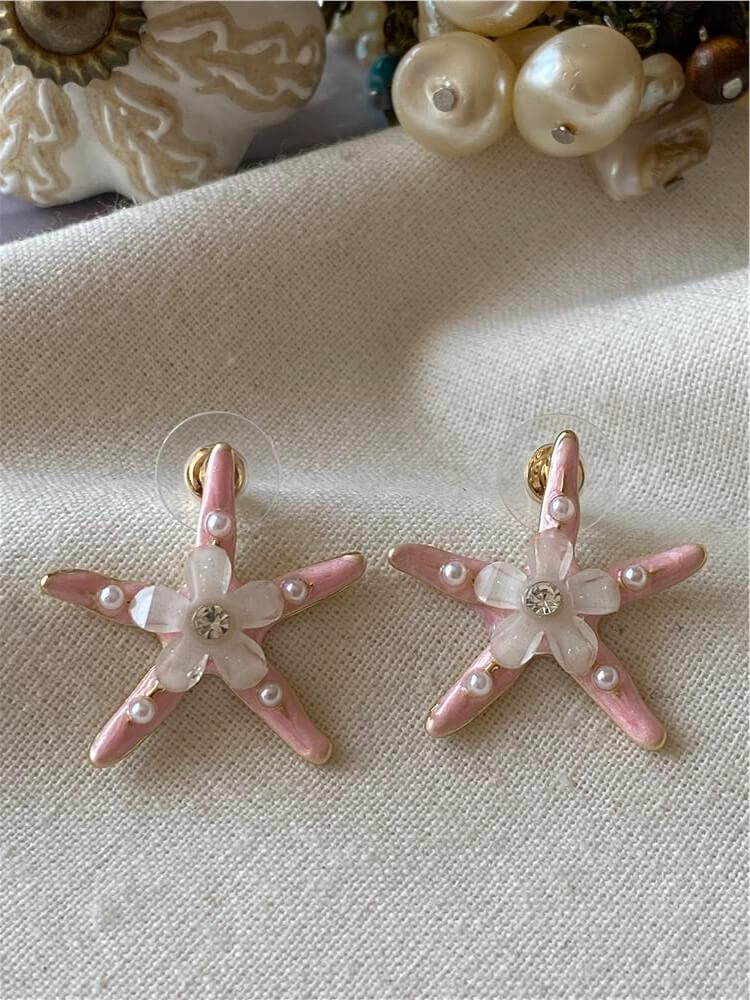 Pembe Mineli Çiçekli Denizyıldızı Küpe