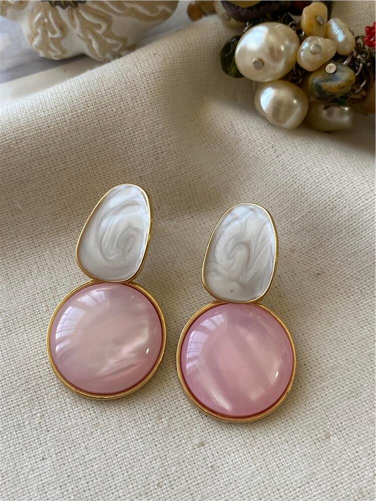 Pembe Mineli Çift Plaka Küpe
