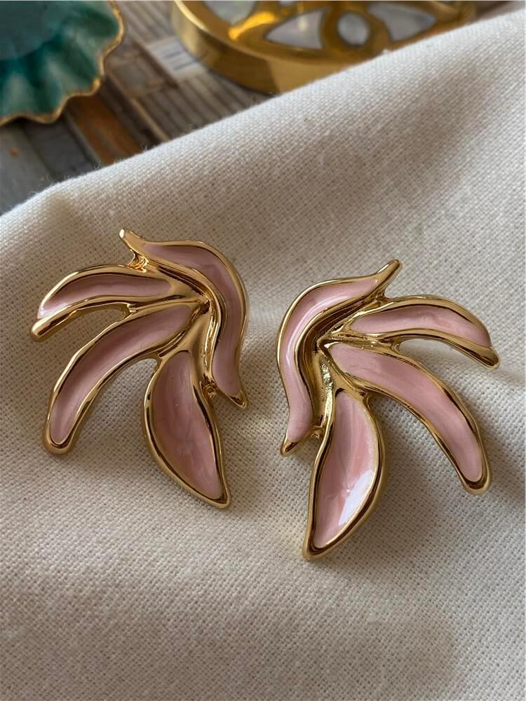 Pembe Mineli Yaprak Tasarım Küpe