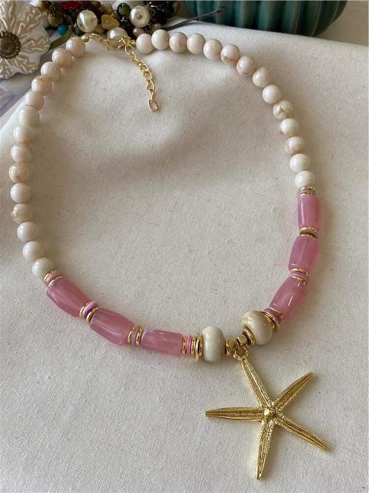 Pembe Plakalı Denizyıldızı Charmlı Kolye