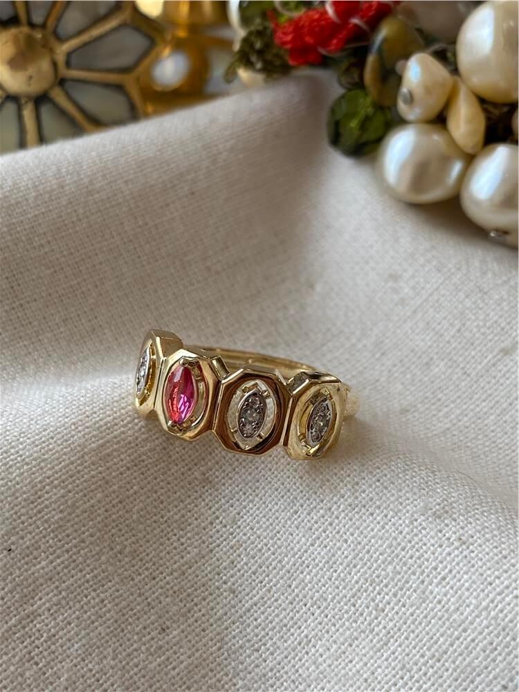 Pembe Taş Detaylı Dörtlü Element Yüzük