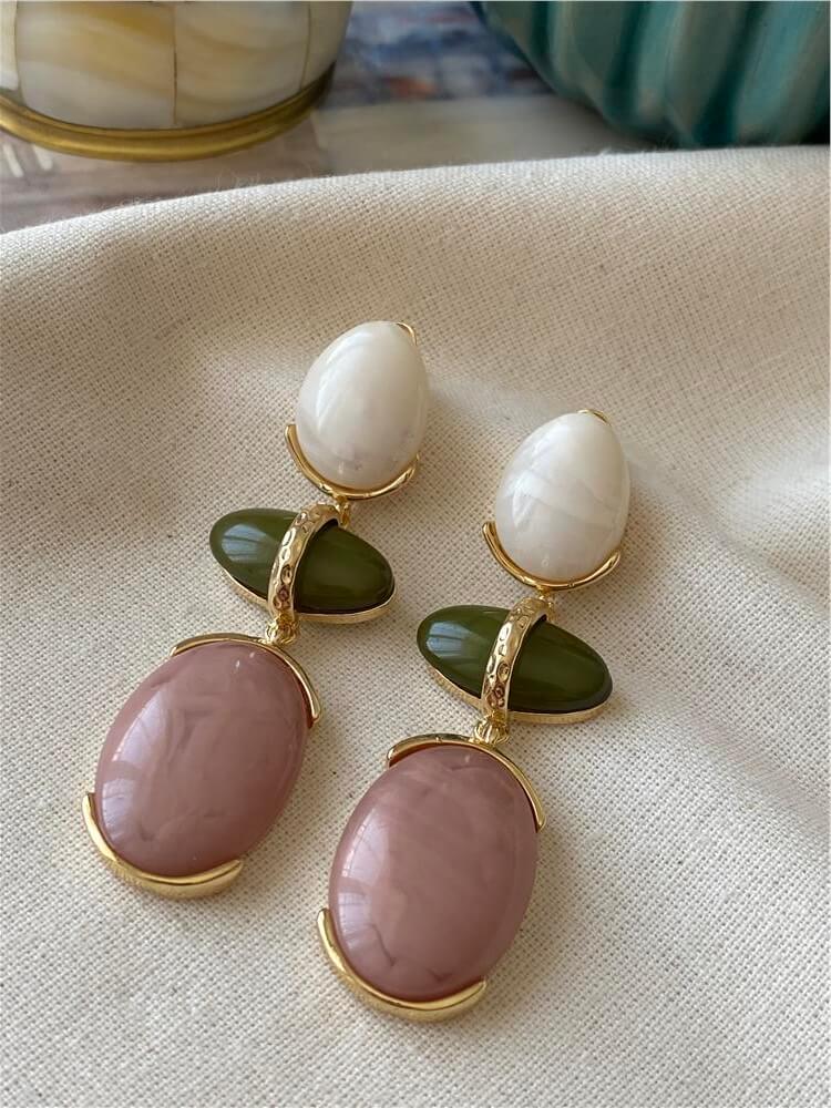 Pembe Taşlı Üçlü Oval Tasarım Küpe