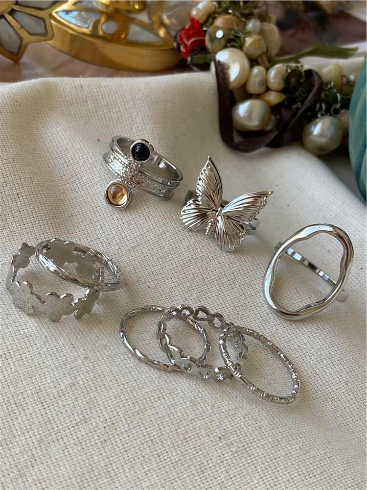 Silver Kelebekli Çoklu Yüzük Seti