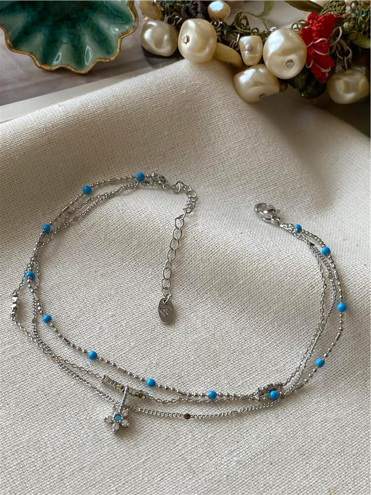 Silver Üçlü Mavi Taşlı Çiçekli Halhal
