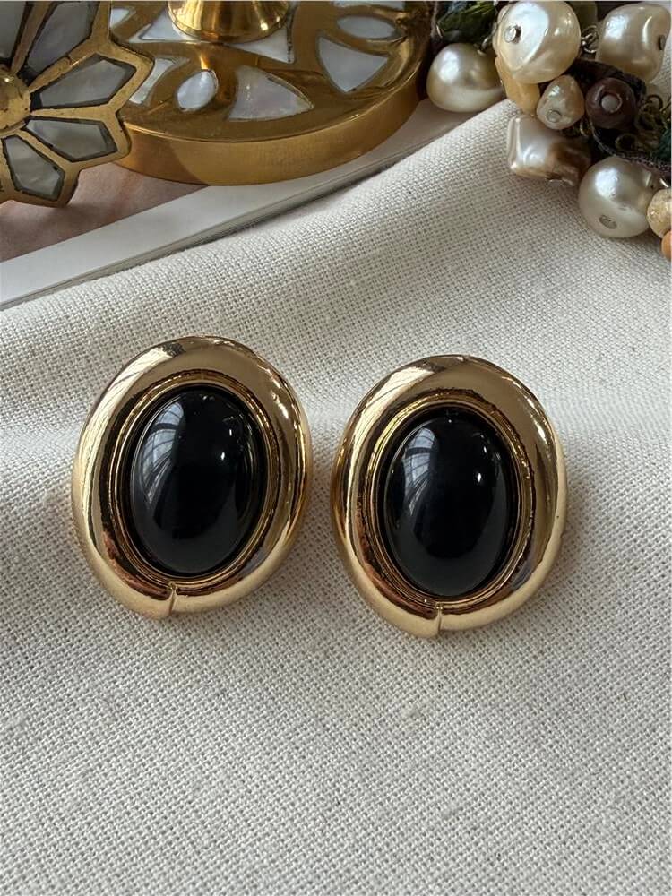 Siyah Taşlı Mini Oval Küpe