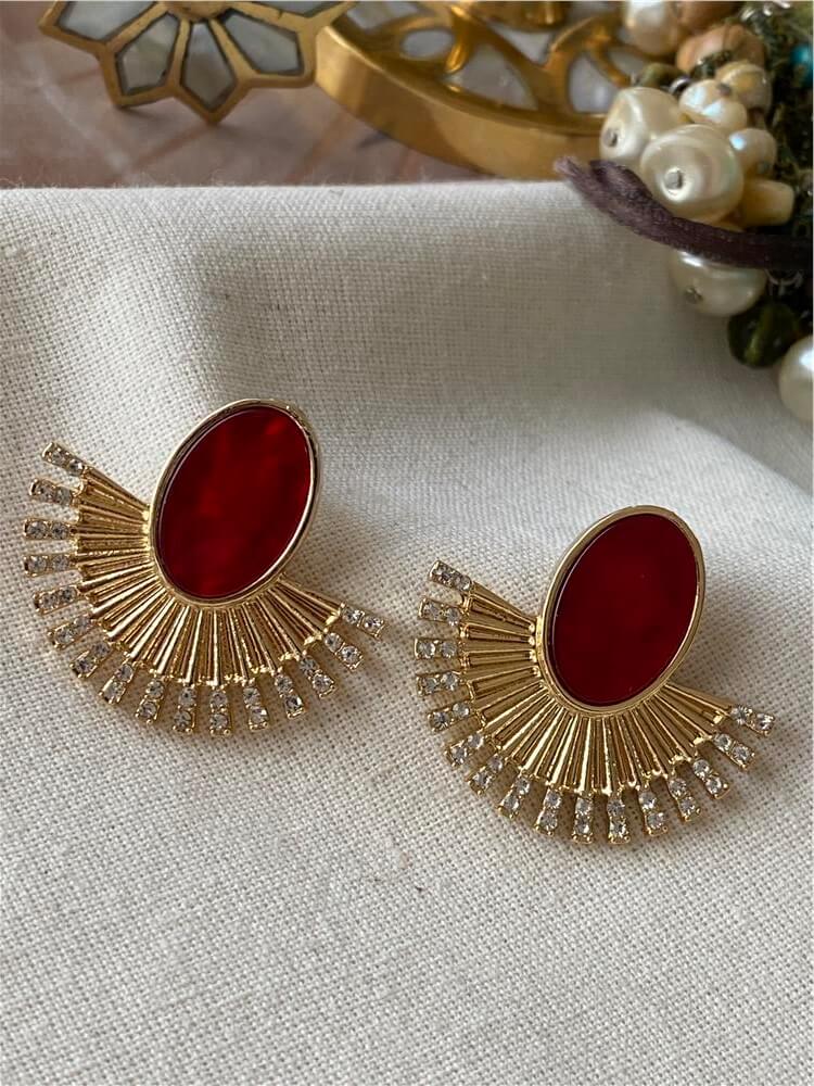 Taşlı Bordo Sedefli Yelpaze Model Küpe
