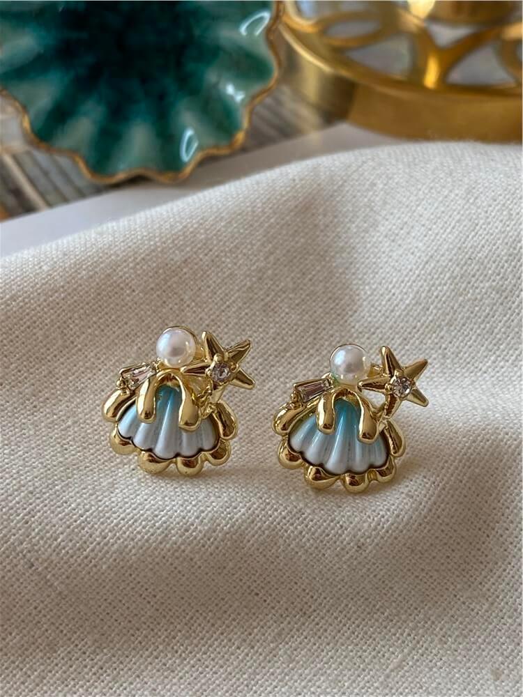 Taşlı İncili Mavi Mini Denizkabuğu Küpe
