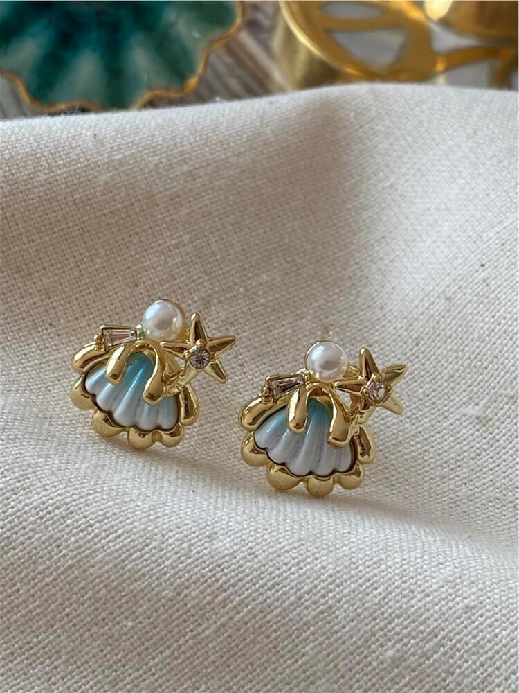 Taşlı İncili Mavi Mini Denizkabuğu Küpe