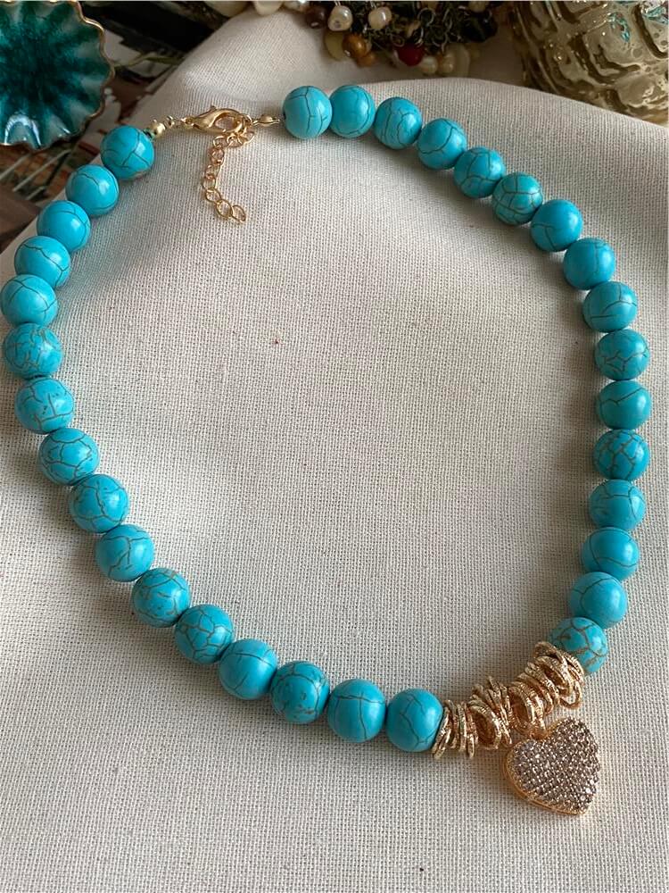 Taşlı Kalp Sallantılı Mavi Boncuk Kolye