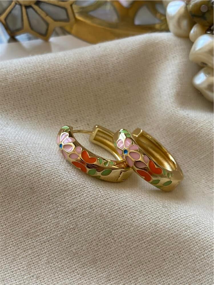 Turuncu Detaylı Pembe Çiçekli Halka Küpe