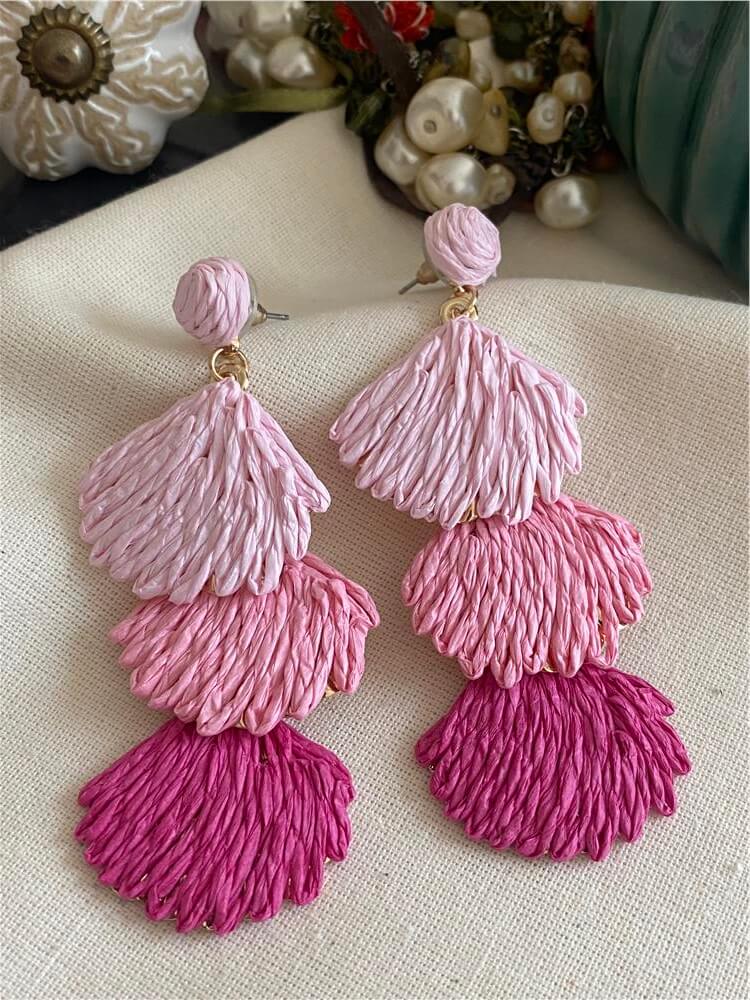 Üç Renk Pembe Hasır Püskül Model Küpe