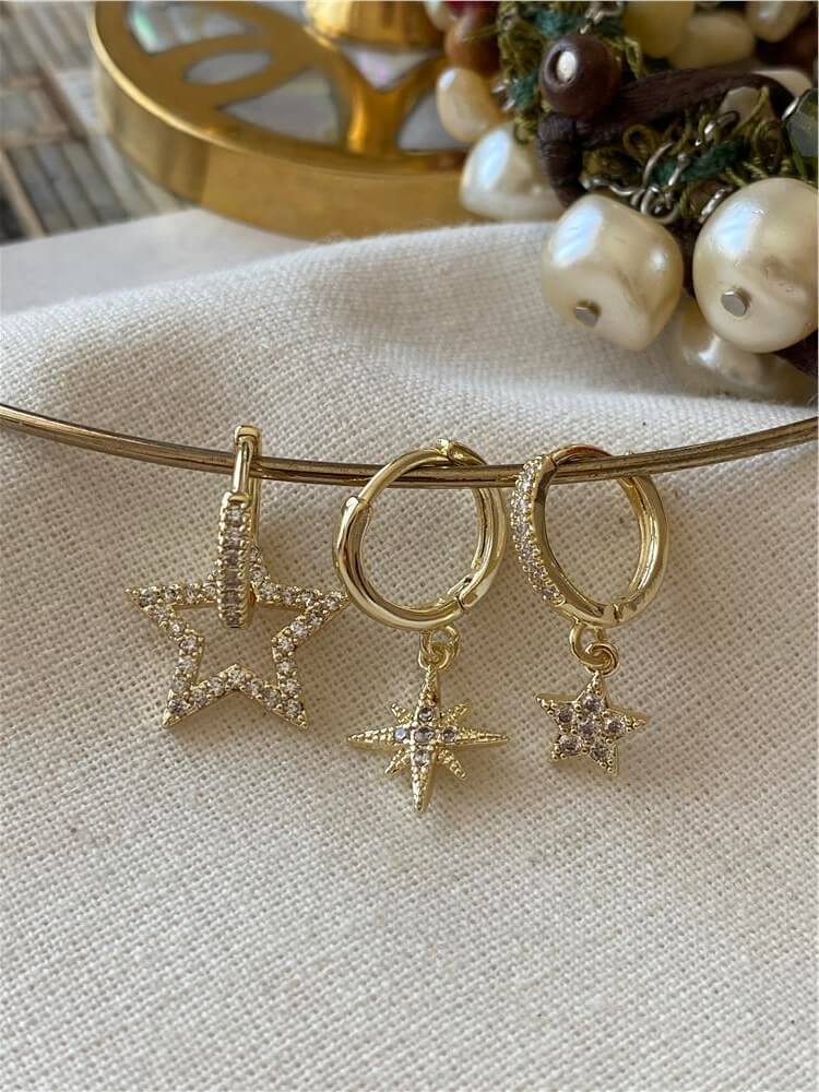 Üçlü 14K Taşlı Yıldızlar Küpe Seti