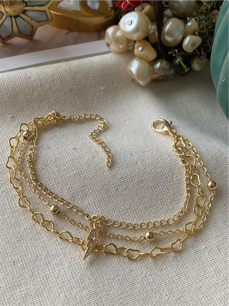 Üçlü Kalp Zincirli Şimşek Charmlı Bileklik