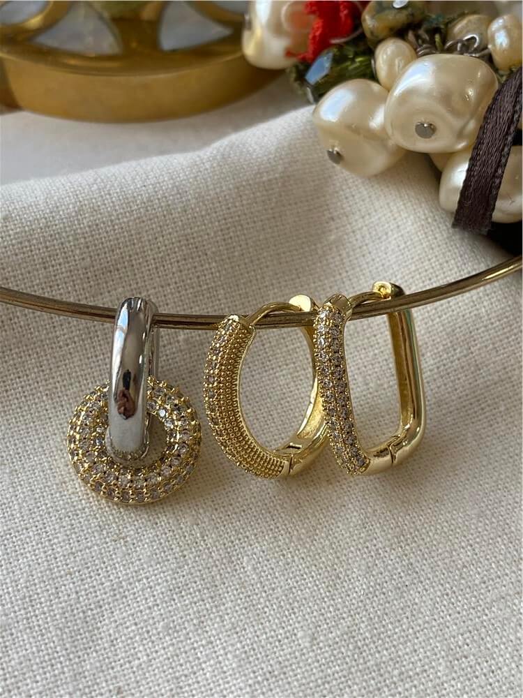 Üçlü Silver Detaylı Gold Şekiller Küpe Seti