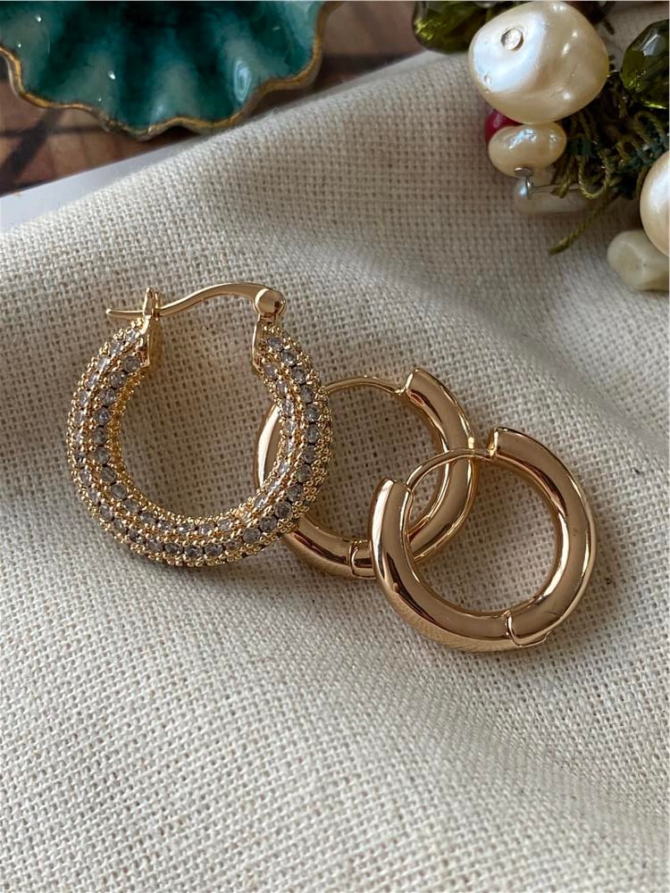 Üçlü Taşlı Gold Halka Küpe
