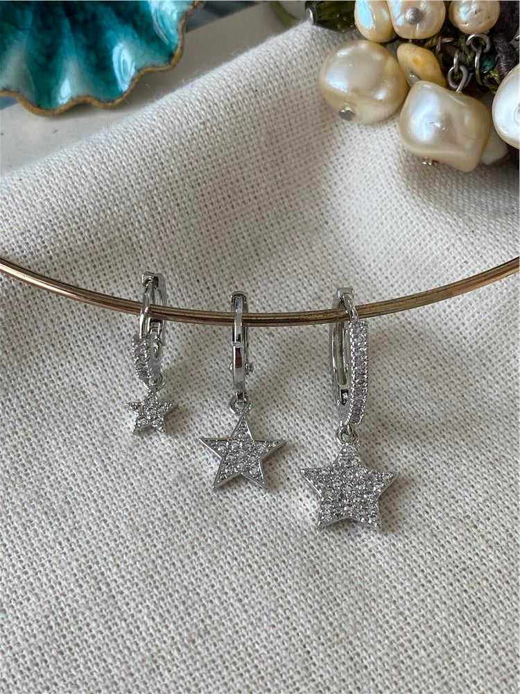Üçlü Taşlı Silver Yıldız Küpe