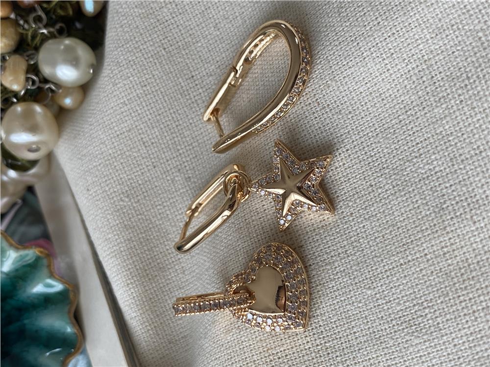 Üçlü Taşlı Star&Heart Küpe