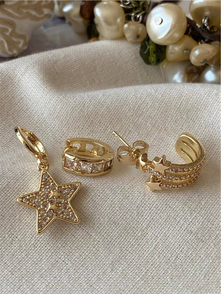 Üçlü Taşlı Yıldız Desenli Triline Küpe Seti