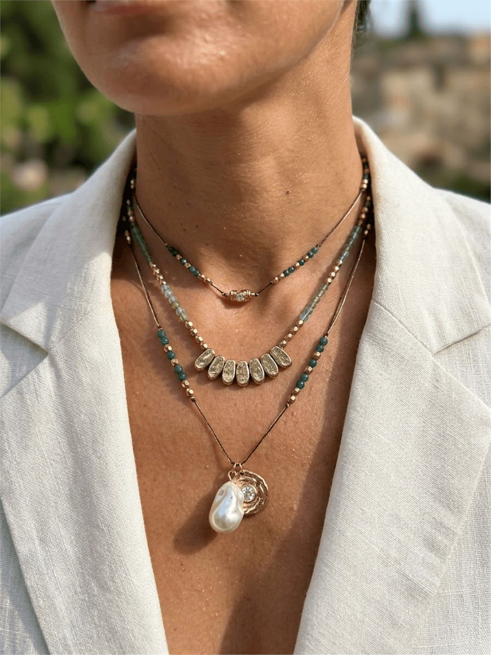 Üçlü Yeşil Boncuklu İnci Detaylı Vintage Kolye