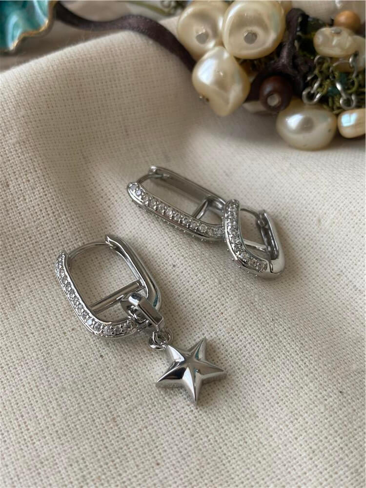Üçlü Yıldız Sallantılı Taşlı Oval Küpe Seti