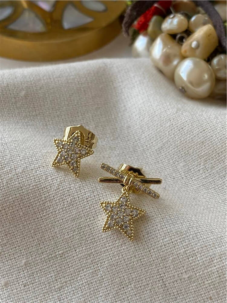 VIP 14K Cross Detaylı Taşlı Sallantılı Yıldız Küpe