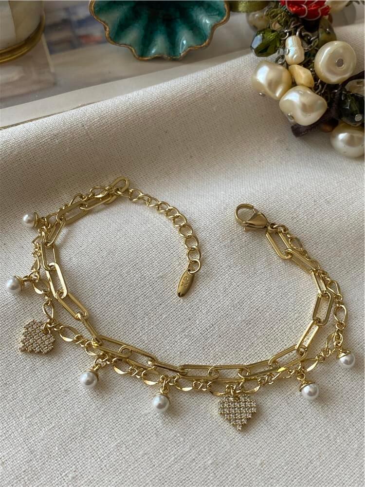 VIP 14K İkili İncili Piksel Kalp Sallantılı Bileklik
