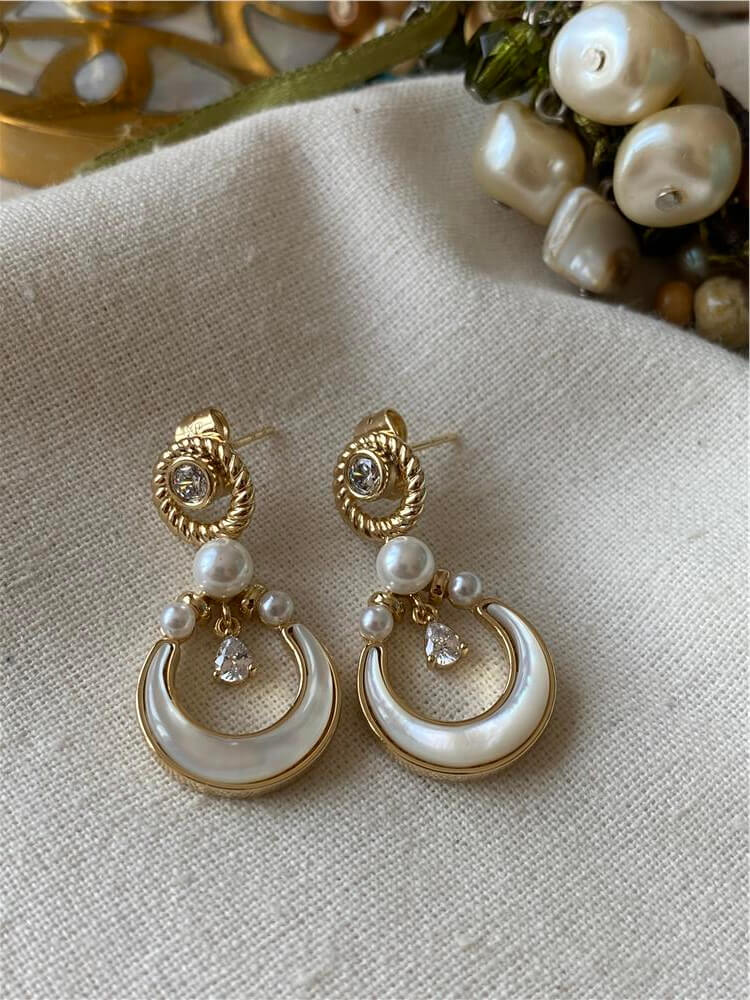 VIP 14K İncili Taşlı Hilal Küpe