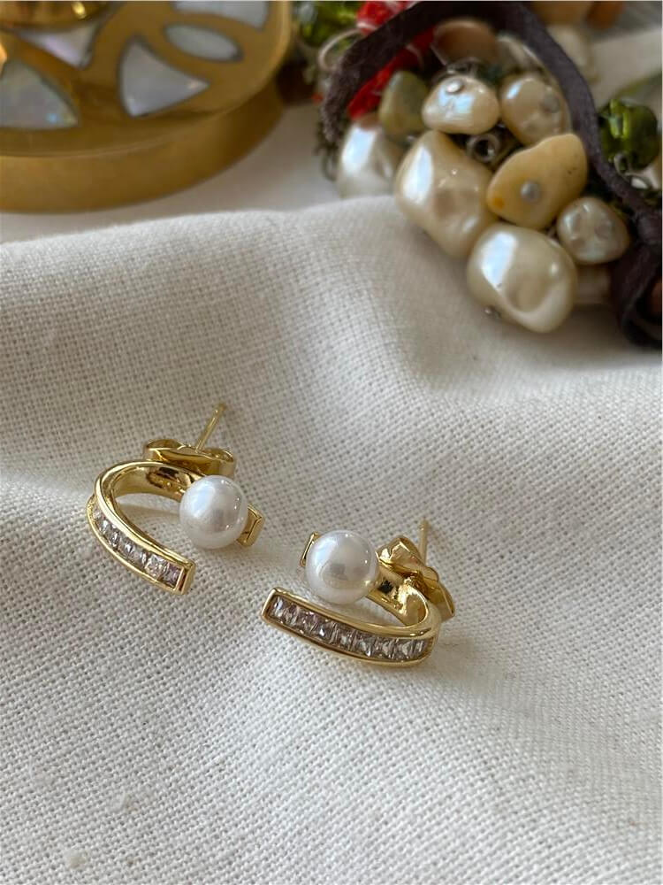 VIP 14K İncili Taşlı Kıvrım Küpe