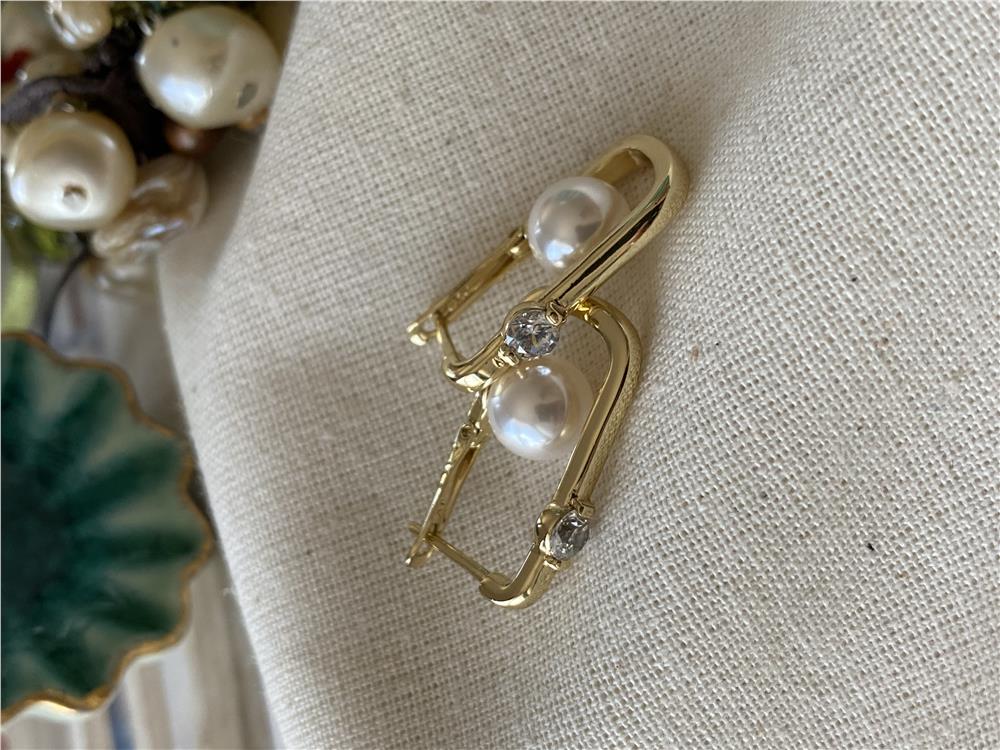 VIP 14K İncili Taşlı Oval Küpe