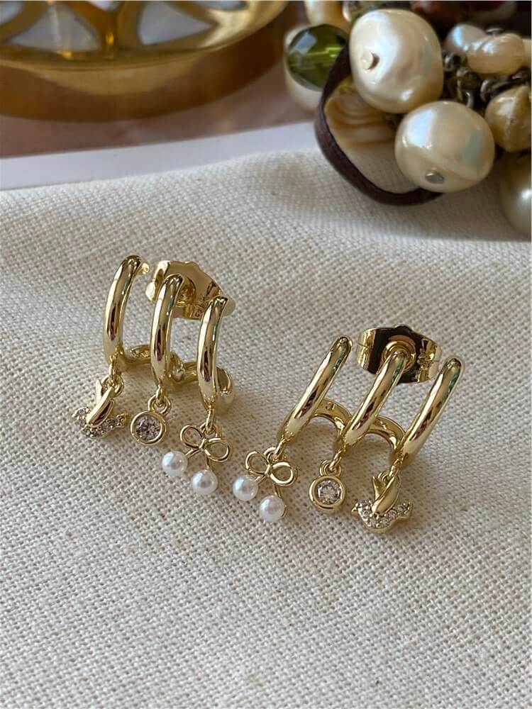 VIP 14K Kuş ve İncili Fiyonk Sallantılı Kaburga Küpe